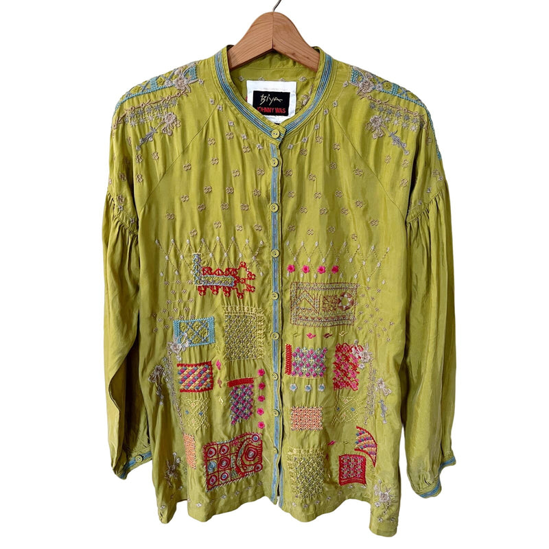 JOHNNY WAS Carpinteria Embroidered Blouse Button Up Balloon Sleeves XS Green