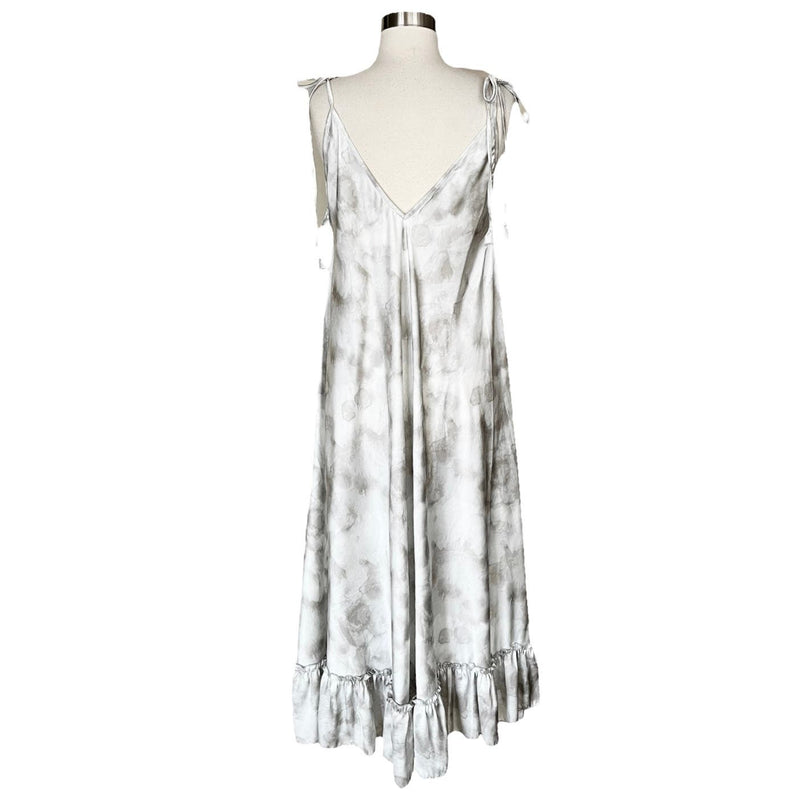 T. ZOVICH Maxi Dress Gray Tie Dye Silver Sleeveless Swing V-Neck Shoulder Ties