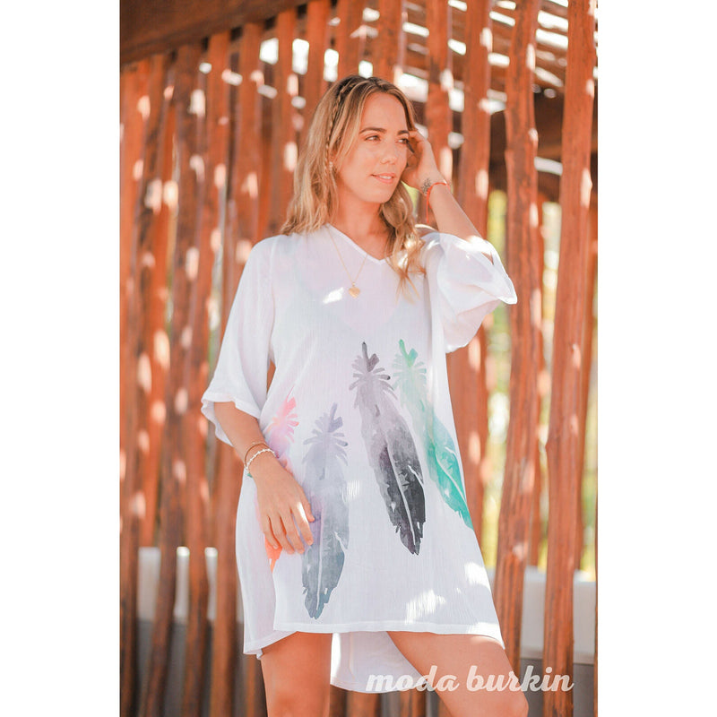 BEACH COVER UP TUNIC T. Zovich White with Feathers Print Half Sleeves Large