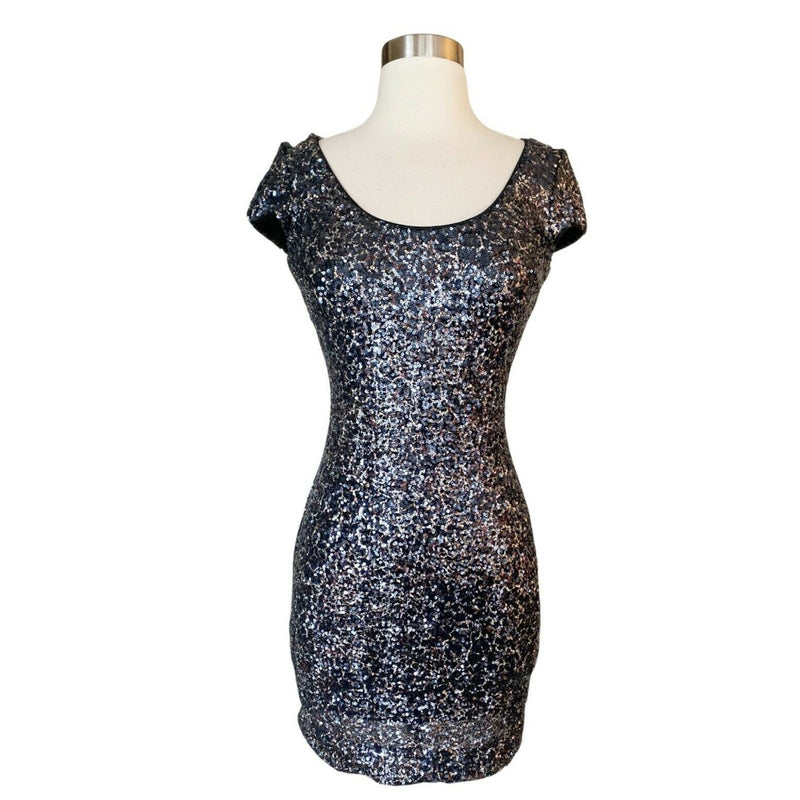 DRESS THE POPULATION Gabriella Mini Dress Sequins Stretchy Black Silver Medium