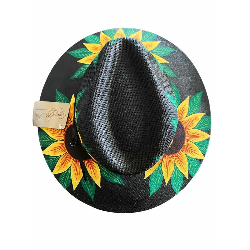 MEXICAN Artisanal Hat Hand Painted Fedora Sunflower Sombrero Panama Medium Black