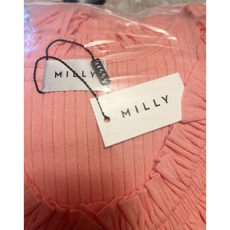 MILLY Sweater Dress Ribbed Knit Sheath Midi Cap Sleeve Off Shoulder Ruffle Pink