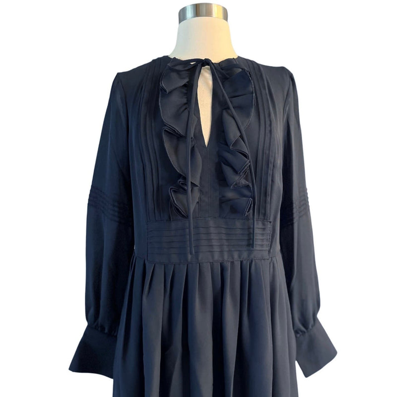 WORTH Collection Georgette Pintuck Peasant Dress New Navy Blue Midi Ruffle 6 NWT