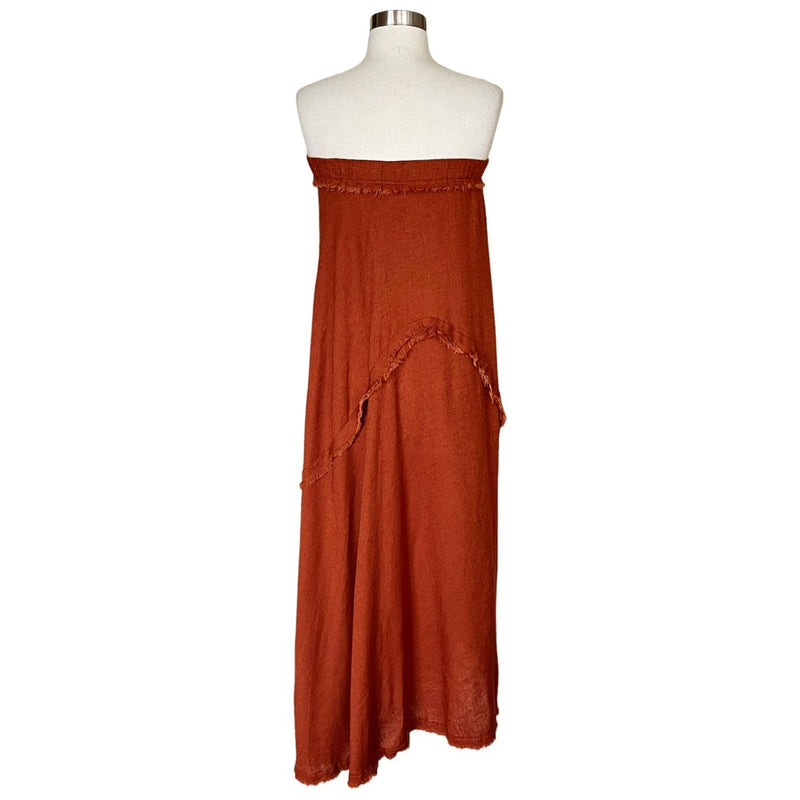 T. ZOVICH Strapless Dress Maxi Rust Brown Raw Hem Medium Boho Resort Raw Hem