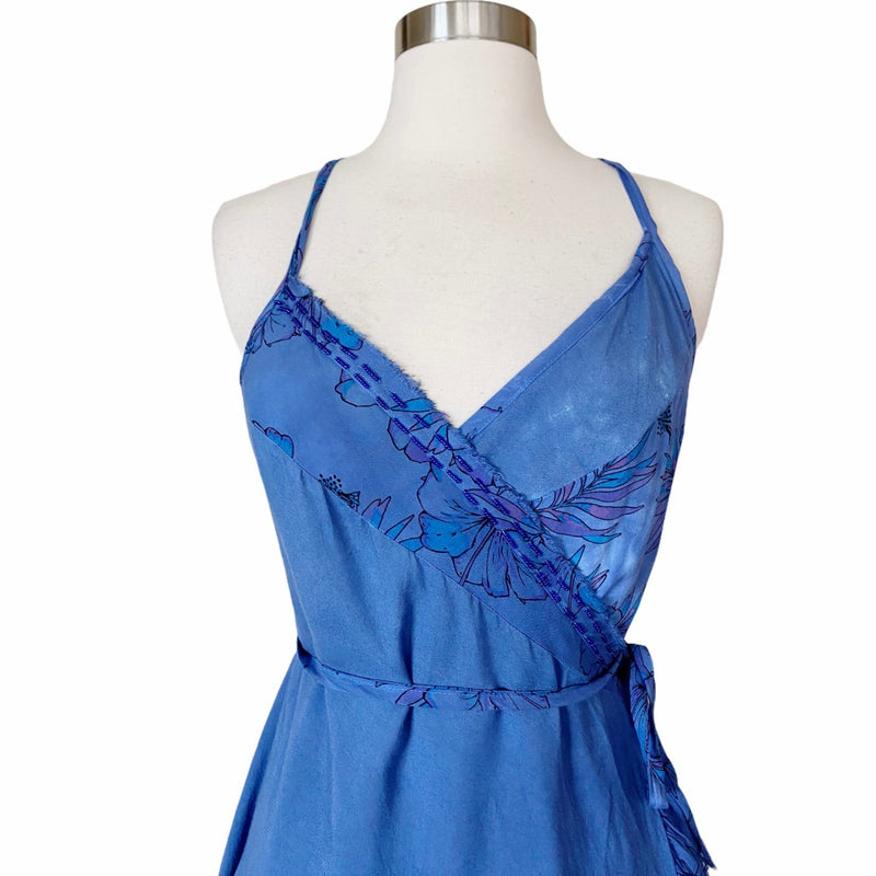 Resort Midi Wrap Dress by T. ZOVICH Cobalt Blue Sleeveless Tan Raw Hem Small