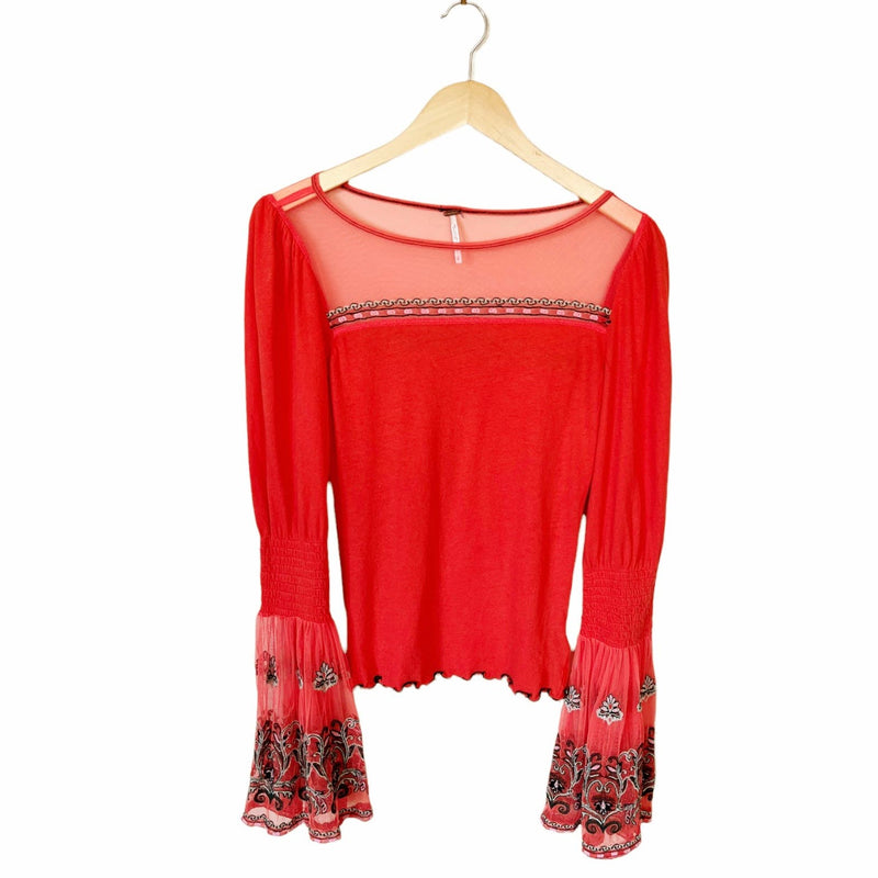 FREE PEOPLE Jersey Knit Blouse Cotton Orange Mesh Embroidered Bell Sleeves Small