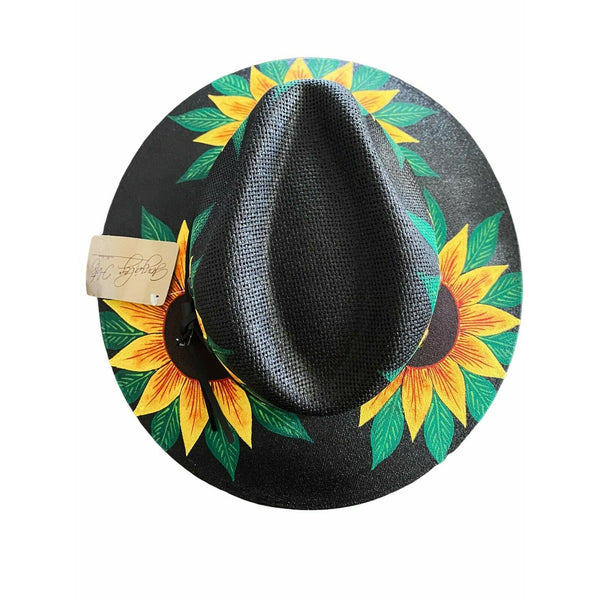 MEXICAN Artisanal Hat Hand Painted Fedora Sunflower Sombrero Panama Medium Black