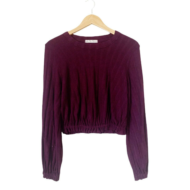 FREE PEOPLE Jersey Top Burgundy Knit Crop Long Sleeve Blouse Elastic Waist Small