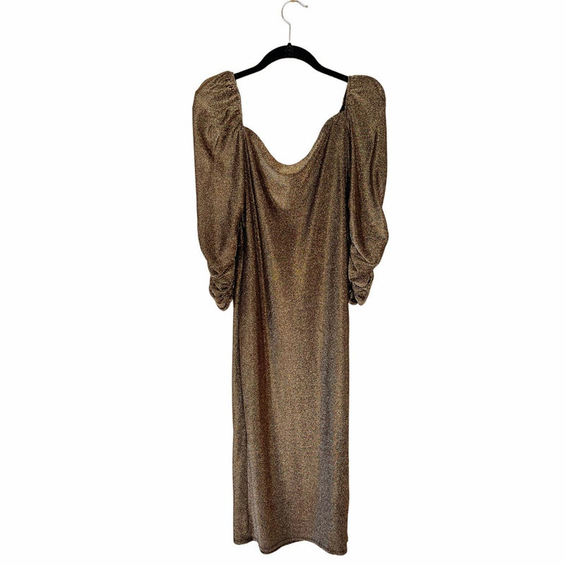 REFORMATION Rahm Dress Gold Shimmery 3/4 Sleeves Puff Shoulders Stretchy 1X EUC