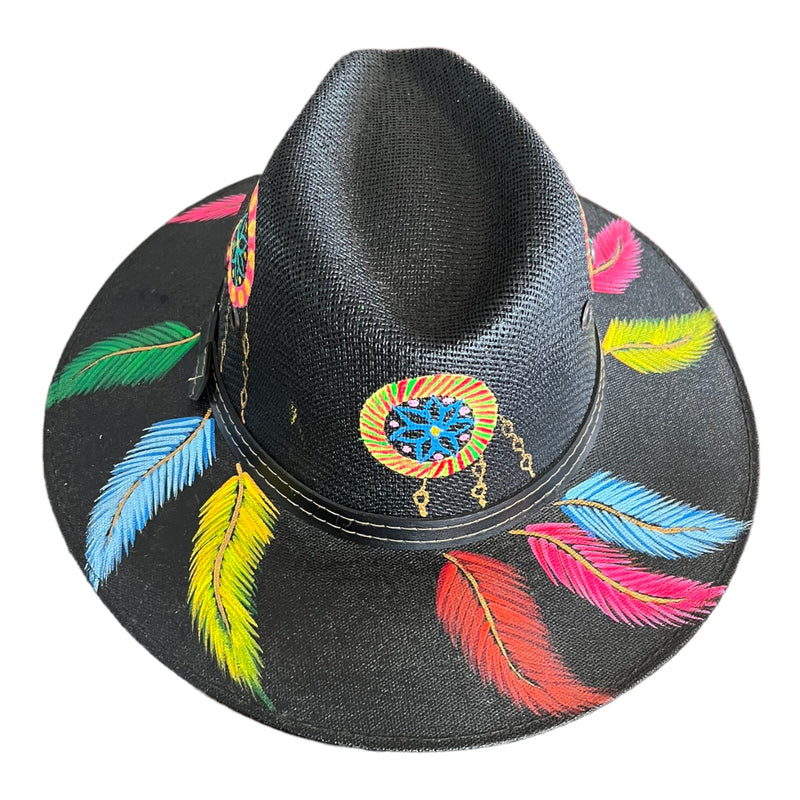 HAT MEXICAN Artisanal Hand Painted Fedora Floral Sombrero Panama Bohemian Black