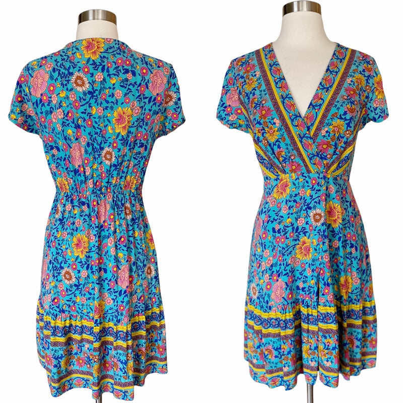 Mini Dress Boho Exotic Print Spell Inspired Blue Cotton Short Sleeves Medium EUC