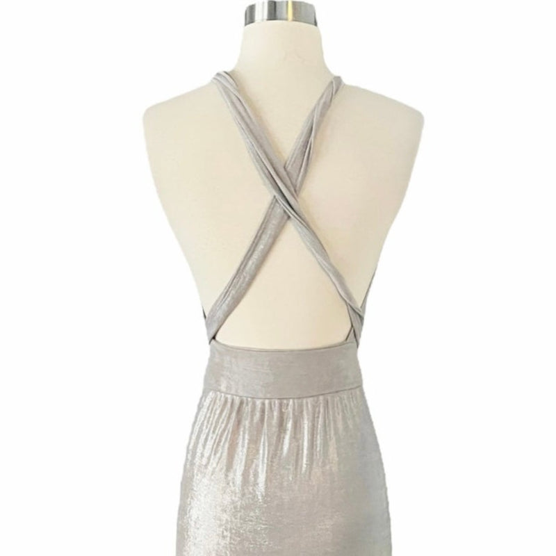 T. ZOVICH Maxi Dress Slinky Metallic Silver Multiway Halter Open Back Slits S/M