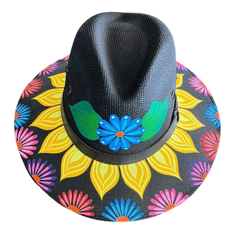 HAT MEXICAN Artisanal Hand Painted Fedora Floral Sombrero Panama Bohemian Black