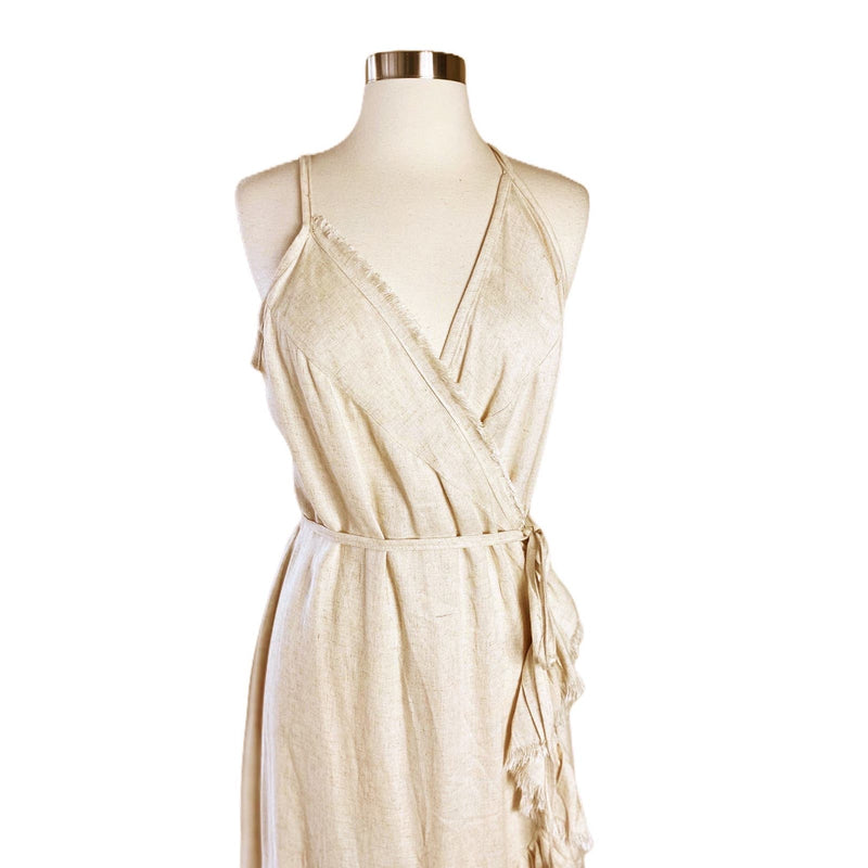 Resort Midi Wrap Dress by T. ZOVICH Linen Sleeveless Beige Raw Hem Ecofriendly