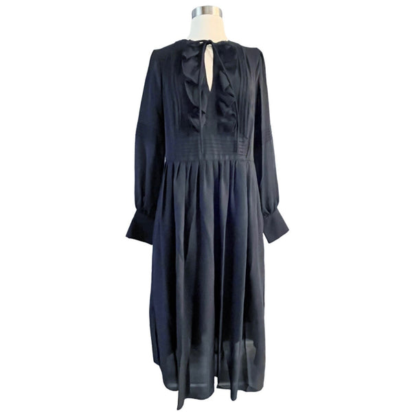 WORTH Collection Georgette Pintuck Peasant Dress New Navy Blue Midi Ruffle 6 NWT