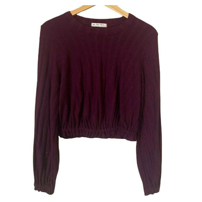 FREE PEOPLE Jersey Top Burgundy Knit Crop Long Sleeve Blouse Elastic Waist Small