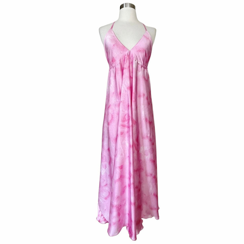 T. ZOVICH Pink Tie Dye Maxi Dress Satin Halter Lightweight Ties Open Back Medium