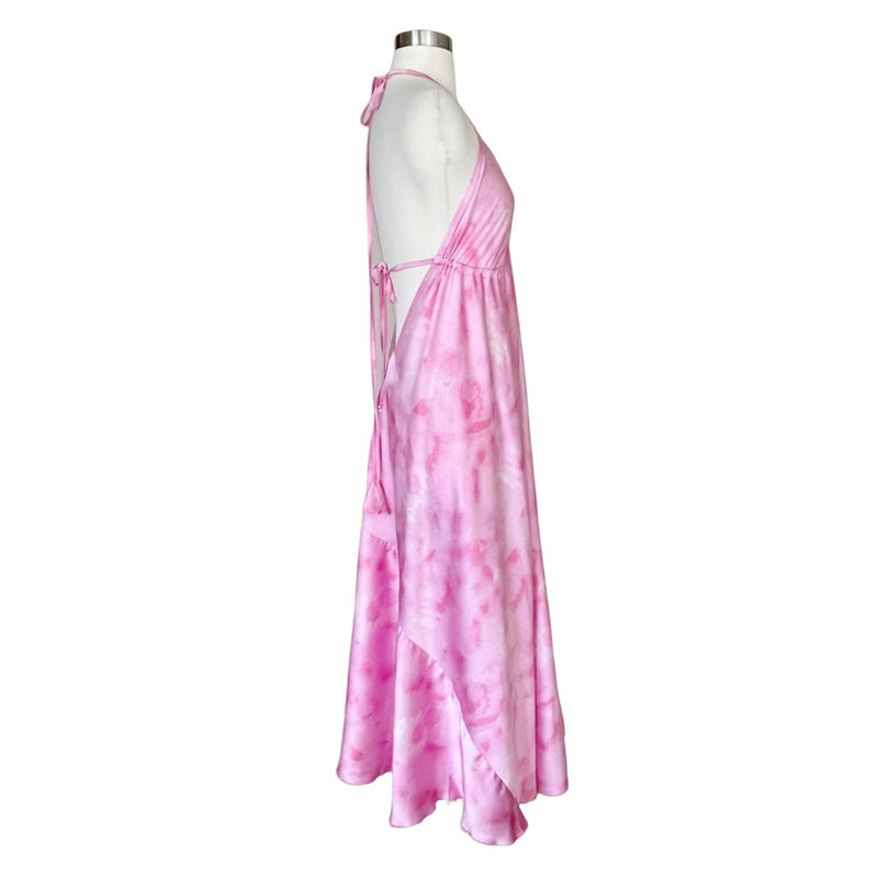 T. ZOVICH Pink Tie Dye Maxi Dress Satin Halter Lightweight Ties Open Back Medium