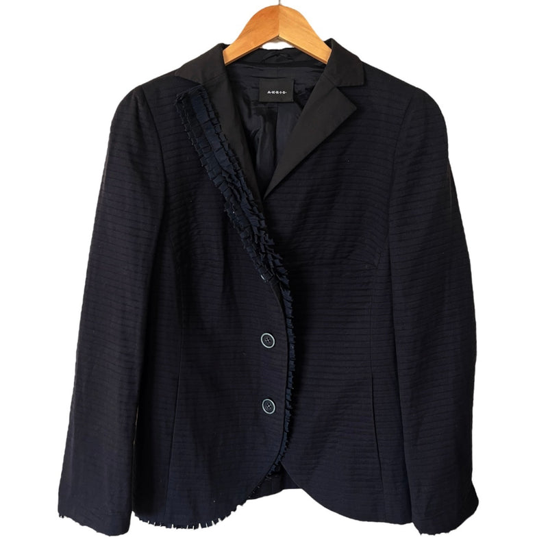 AKRIS PUNTO Blazer Black Jacket Designer Cotton Ruffle Collar Minimalist 14 EUC