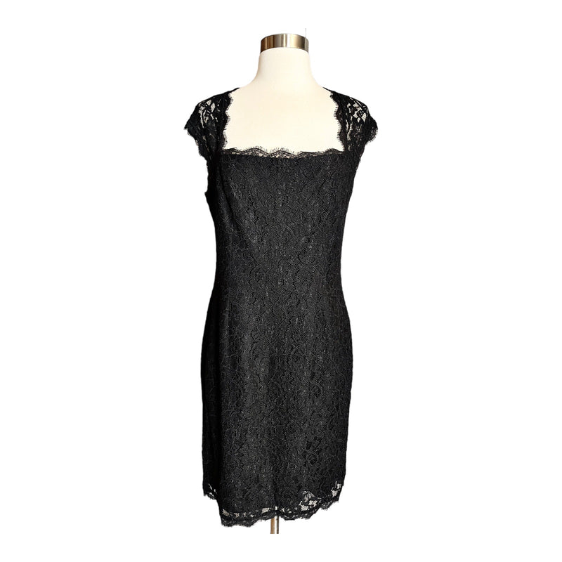 ADRIANNA PAPELL Black Sheath Lace Dress Scalloped Neck Zipper Sleeveless 10 EUC