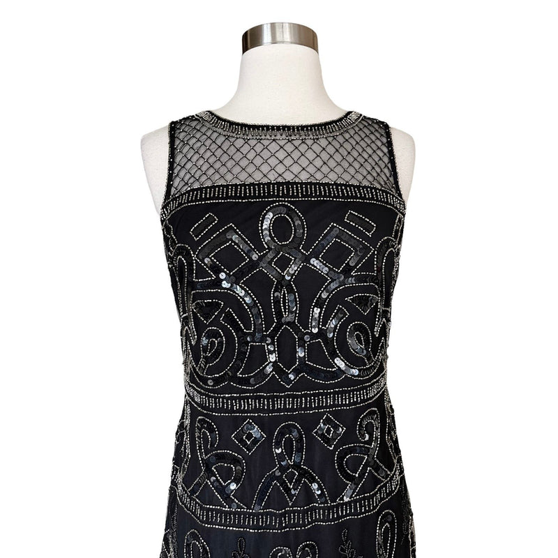 ADRIANNA PAPELL Black Dress Beaded Illusion Sheath Cocktail Mini A-Line 6 NWT