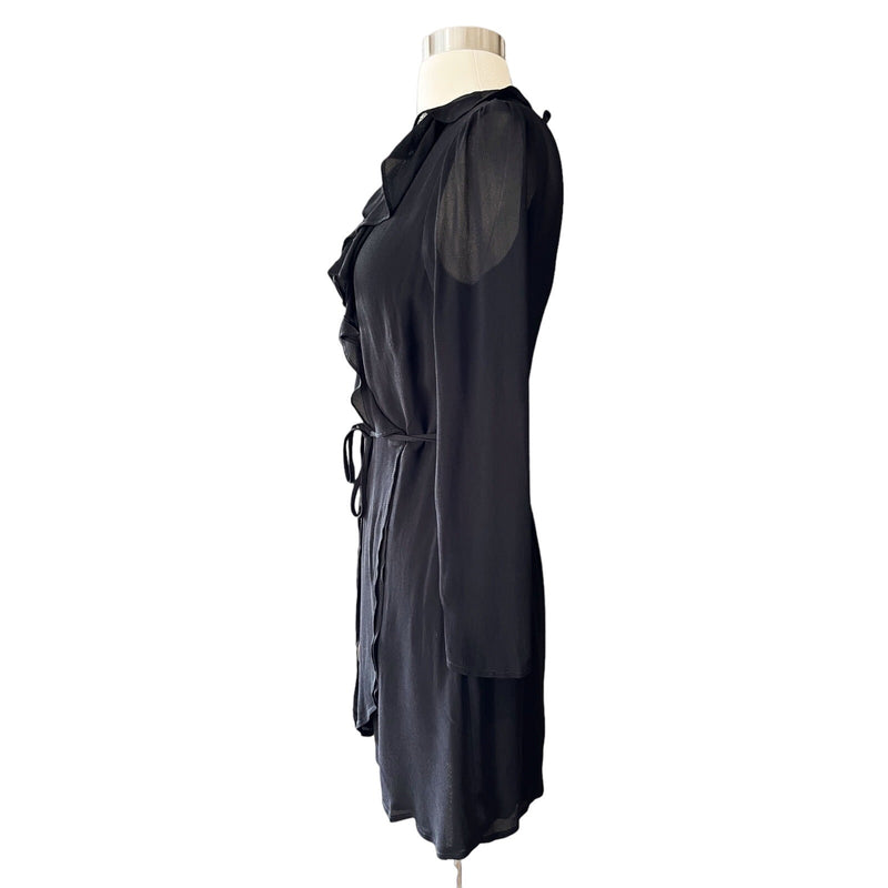 REFORMATION Mini Dress Dickinson Wrap Black Ruffle Neck Sheer Long Sleeves XS