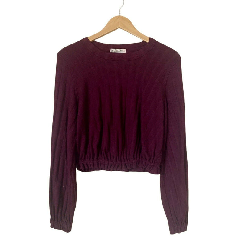 FREE PEOPLE Jersey Top Burgundy Knit Crop Long Sleeve Blouse Elastic Waist Small