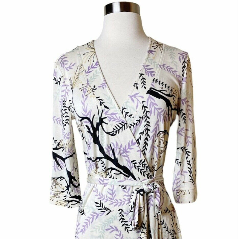 MISSONI Wrap Silk Dress Purple Brown White Foilage V-Neck EU 44 / Medium / 6-8