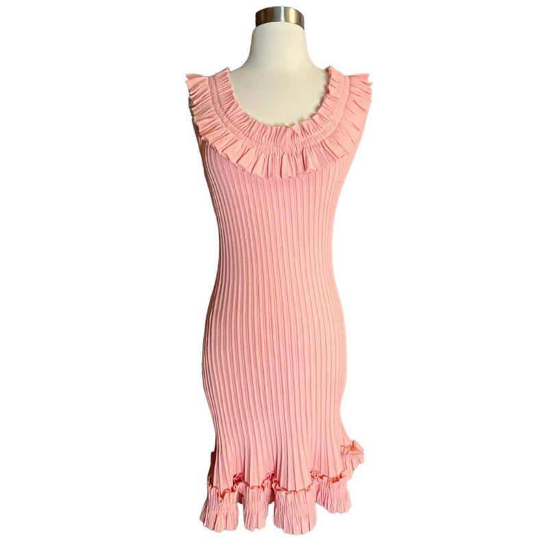 MILLY Sweater Dress Ribbed Knit Sheath Midi Cap Sleeve Off Shoulder Ruffle Pink