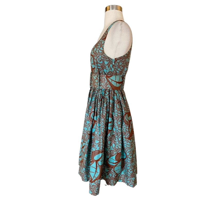 SIKA Floral Midi Dress Fit and Flare Belted Sleeveless Teal Brown Cotton Small