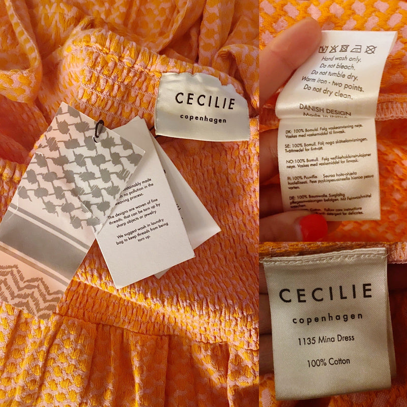 CECILIE COPENHAGEN Mina Dress Long Tiered Maxi Embroidered Tangerine Large NWT