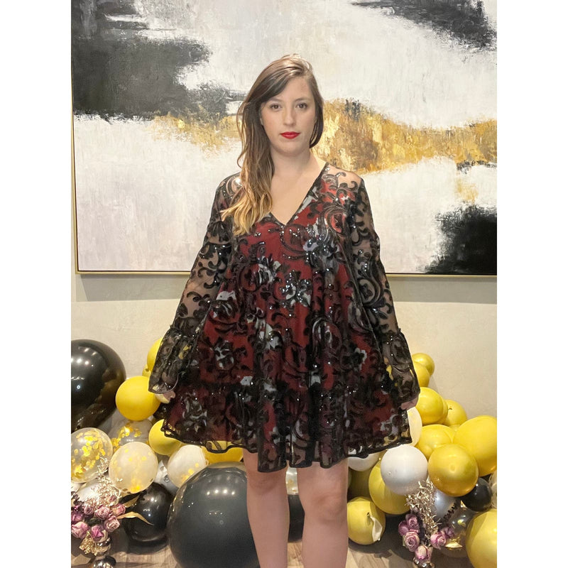 FREE PEOPLE Falling Flowers Frock Mini Dress Black Red Sequins Cocktail Small