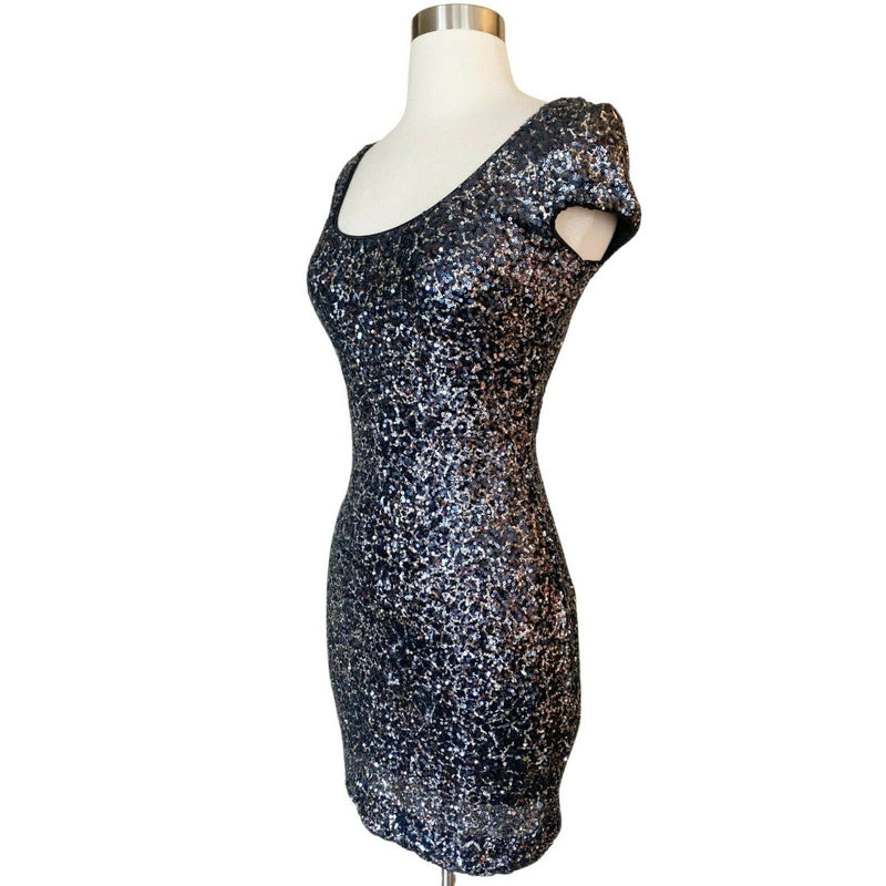 DRESS THE POPULATION Gabriella Mini Dress Sequins Stretchy Black Silver Medium