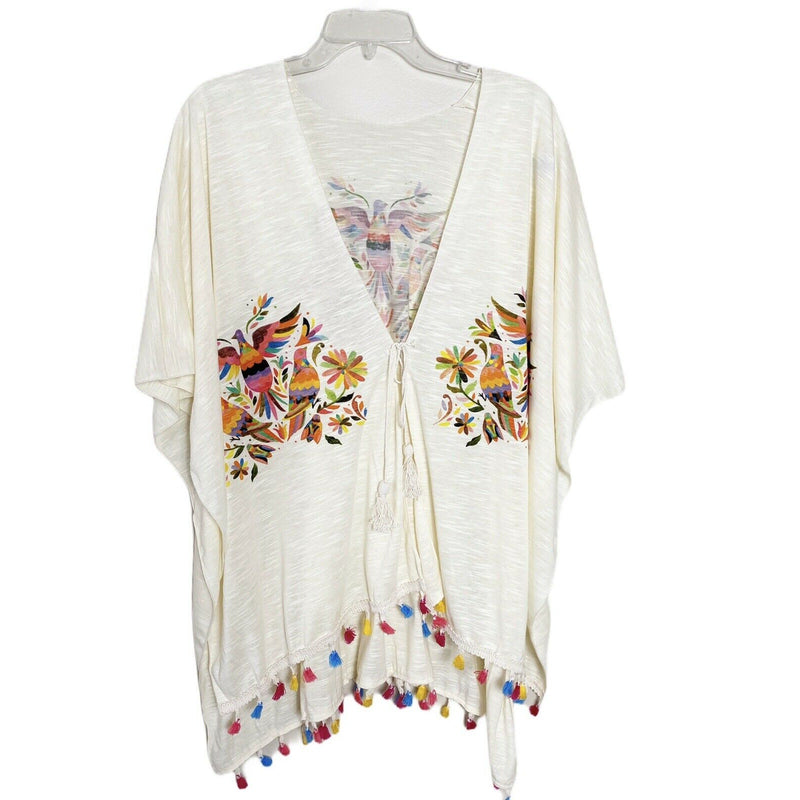 BEACH COVER UP KIMONO T. ZOVICH Otomi Graphic Shawl Natural Print Ruana Bohemian