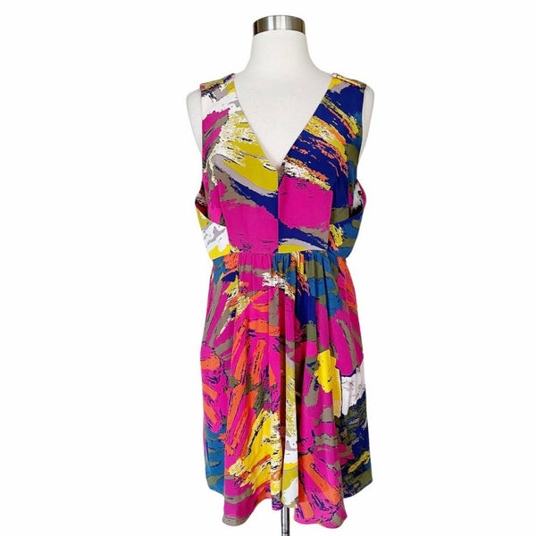 TIBI Silk Dress Bold Artsy Print Multicolor Pink Blue Sleeveless V-Neck 6 EUC