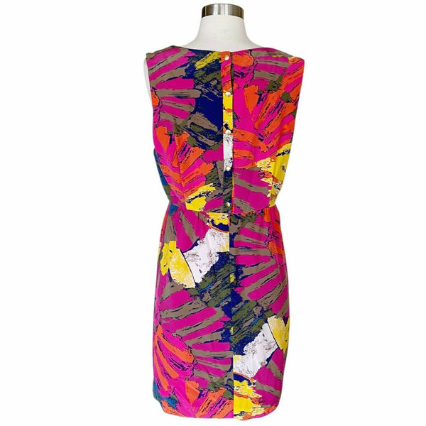 TIBI Silk Dress Bold Artsy Print Multicolor Pink Blue Sleeveless V-Neck 6 EUC