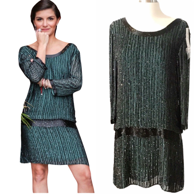 Cocktail Dress Blouson Black/Green Embellished Open Back Boat Neck Mini Medium