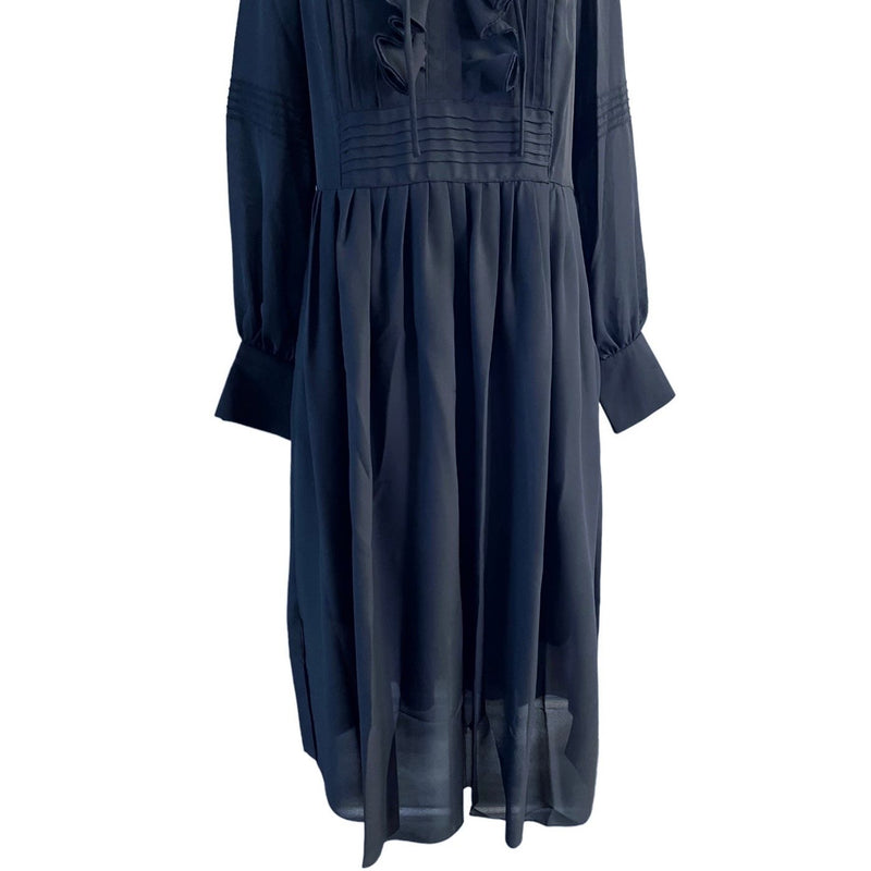 WORTH Collection Georgette Pintuck Peasant Dress New Navy Blue Midi Ruffle 6 NWT