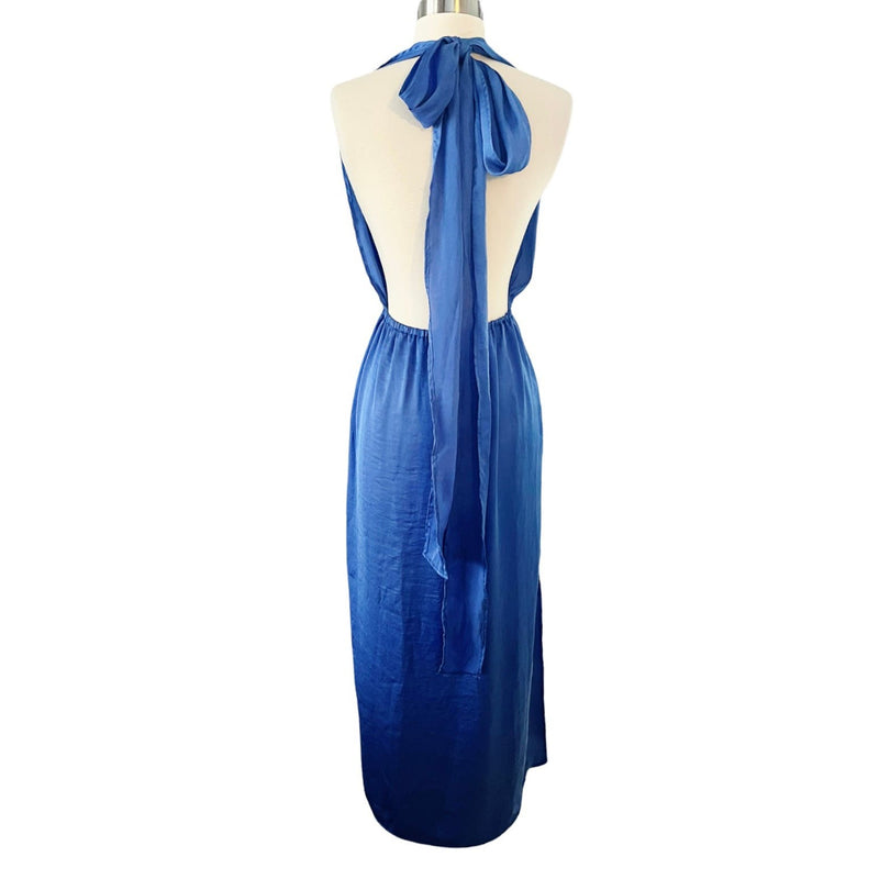 T. ZOVICH Blue Maxi Dress Satin Halter Ties Multiway Lightweight Ties Small NWT