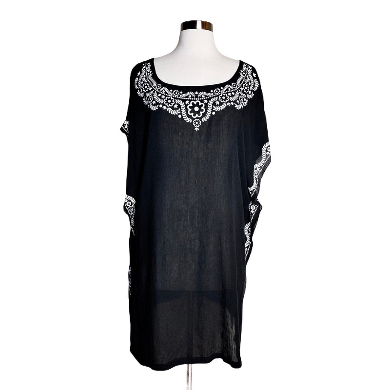 TUNIC BEACH COVER UP T. Zovich Solid with Floral Trim Swim Sustainable Black NWT