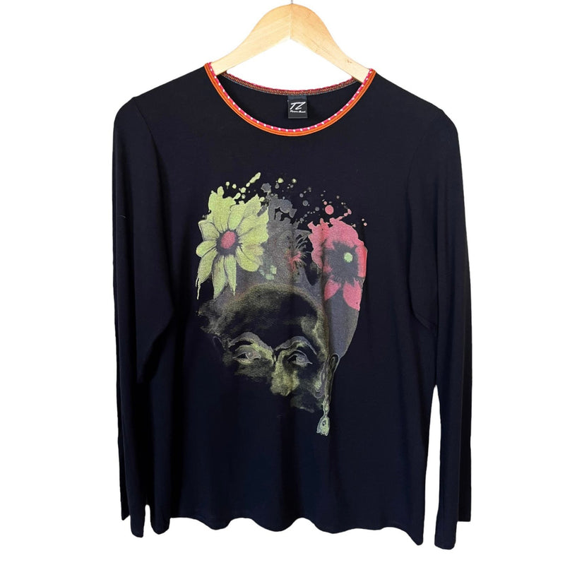 T.ZOVICH Top Abstract Frida Kahlo Graphic Print Long Sleeves Black Crew Neck XL