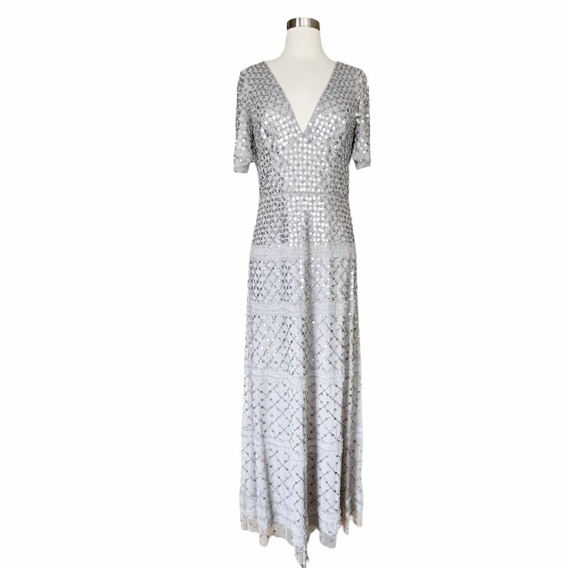 AIDAN MATTOX Silver Gown Dress Short Sleeves Beaded Sequined Piping V-Neck 6 NWT