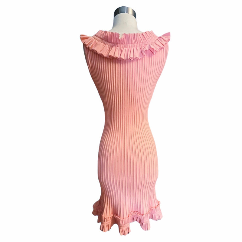 MILLY Sweater Dress Ribbed Knit Sheath Midi Cap Sleeve Off Shoulder Ruffle Pink