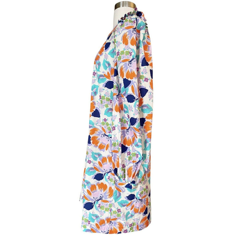 CECILIE COPENHAGEN Mirna Dress Mini Shift Ivory Blue Orange Floral Large NWT