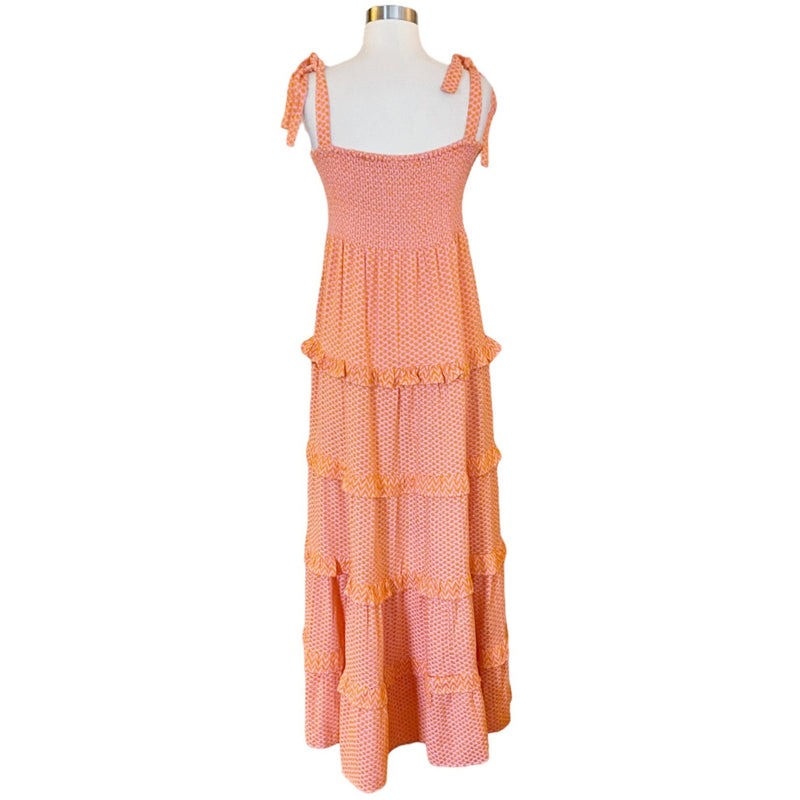 CECILIE COPENHAGEN Mina Dress Long Tiered Maxi Embroidered Tangerine Large NWT