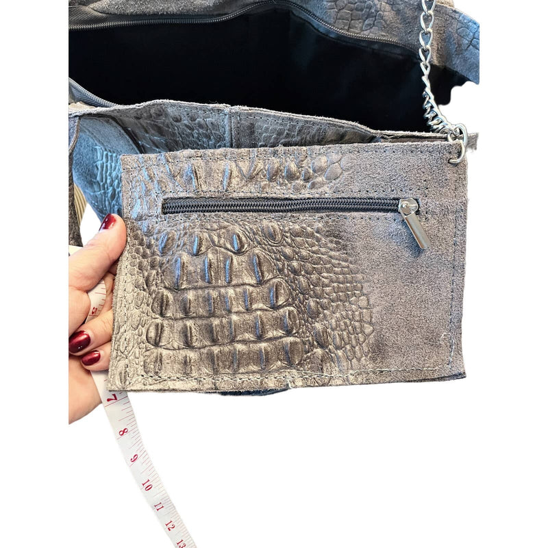 ITALIAN Large Tote Leather Croc Embossed Suede Trim Dual Handle Pouch Silver