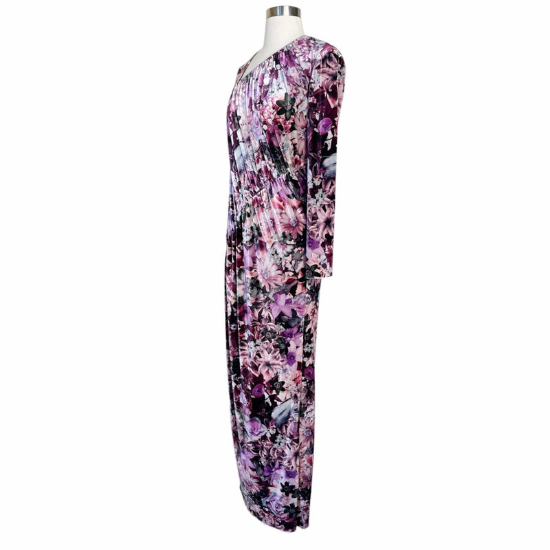 AIDAN MATTOX Velvet Dress Floral Maxi Stretch Multicolor Pink Long Sleeve 6 NWT