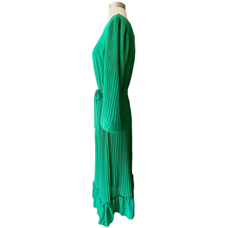 ITALIAN Emerald Green Dress Pleated Midi Crew Neck Long Sleeves Ruffles One Size