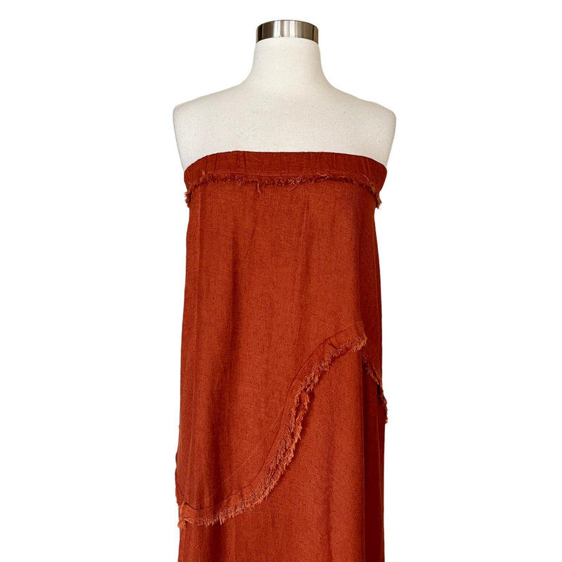 T. ZOVICH Strapless Dress Maxi Rust Brown Raw Hem Medium Boho Resort Raw Hem