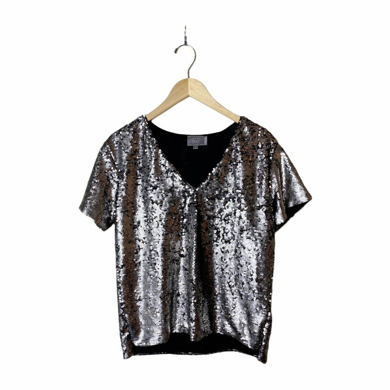 ANTHROPOLOGIE Sequin Top Short Sleeve V-Neck Vanessa Virginia Silver Small EUC